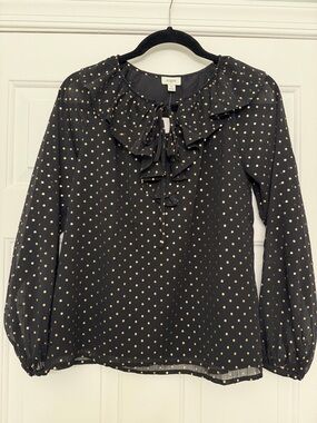 J. Crew Gold polka-dot ruffle tie-front top